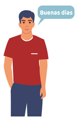 Fototapeta premium Young man saying Good day on spanish. Buenas dias greeting