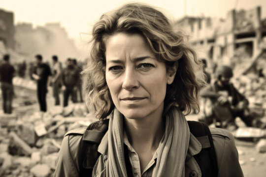 Female War Journalist in War-Torn country, Bearing Witness: A Powerful Collection of War Journalism, Generative AI