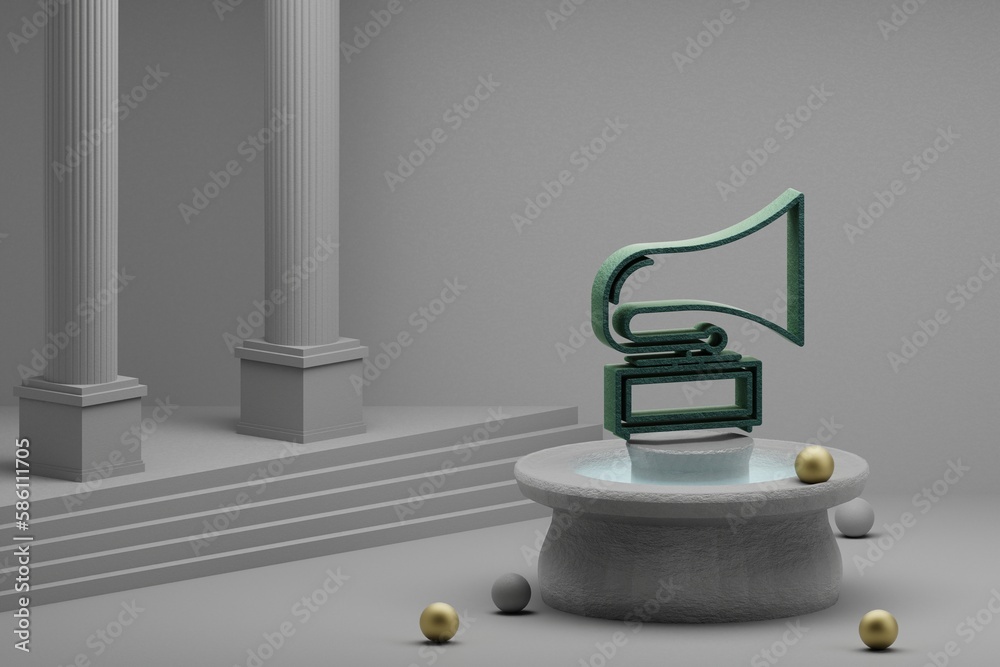 Poster beautiful abstract illustrations musical old gramophone symbol icon on a fountain and column backgro