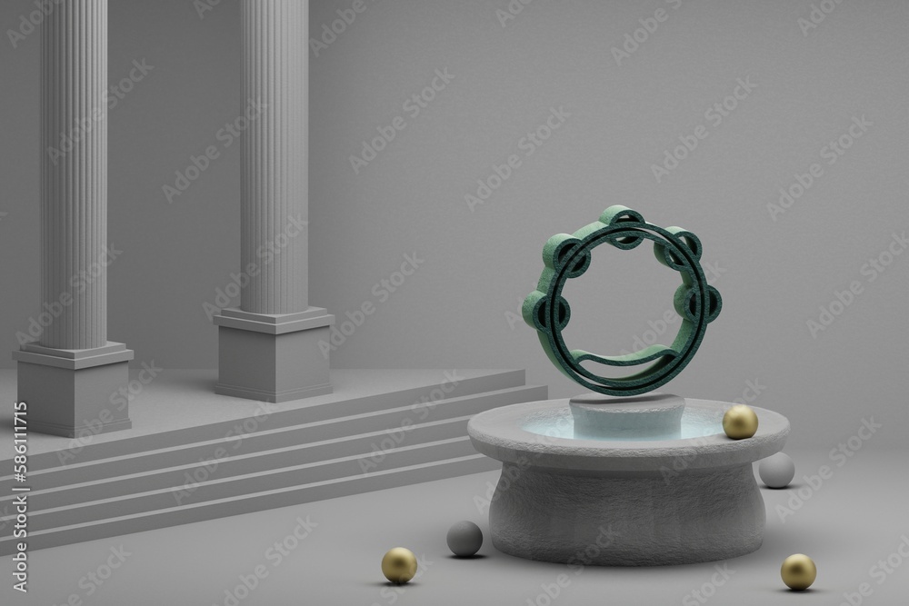 Poster beautiful abstract illustrations musical big tambourine symbol icon on a fountain and column backgro