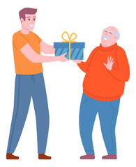 Surprise present. Man giving gift to senior. Happy people