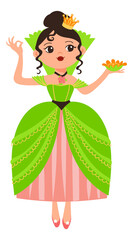 Cute princess in green dress with black long hair