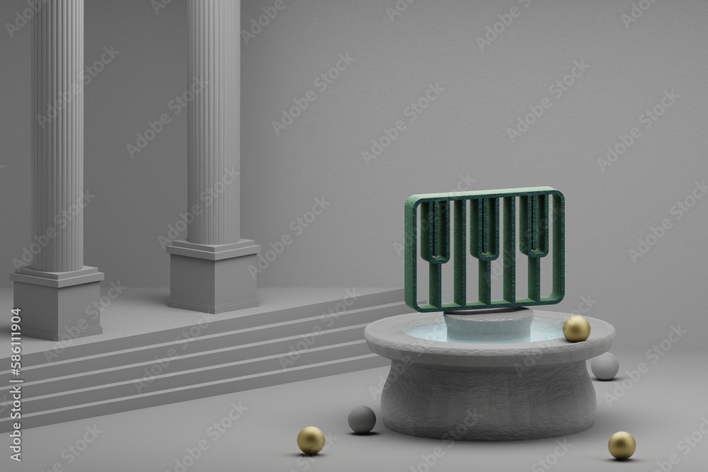 Poster Beautiful abstract illustrations musical Piano Keys symbol icon on a fountain and column background. 3d rendering illustration.