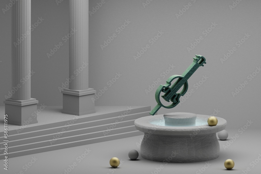 Poster beautiful abstract illustrations musical inclined cello symbol icon on a fountain and column backgro