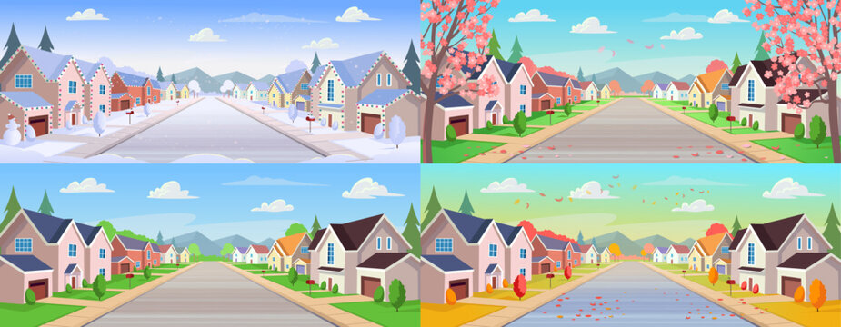 Suburban houses, street with cottages with garages at different times of the year, winter, spring, summer, autumn. A street of houses with a road in perspective. Village. Vector illustration in carto
