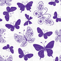 Fototapeta na wymiar Vector spring seamless pattern with flying purple butterflies