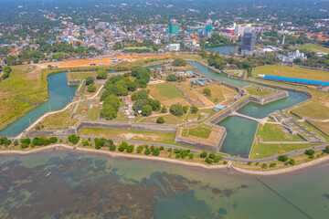 Aerial view of coast of Jaffna and old military fortress in Sri Lanka