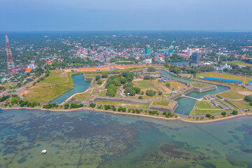 Aerial view of coast of Jaffna and old military fortress in Sri Lanka