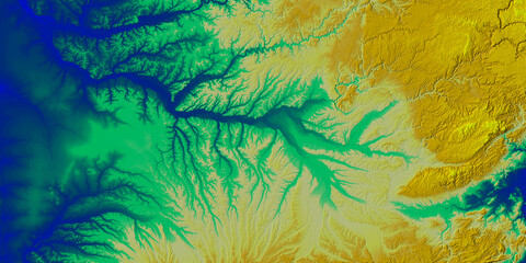 Concept de fond géographique - Hydrographie - Vue aérienne des méandres d'une rivière en territoire montagneux - Rendu 2d modèle numérique de terrain