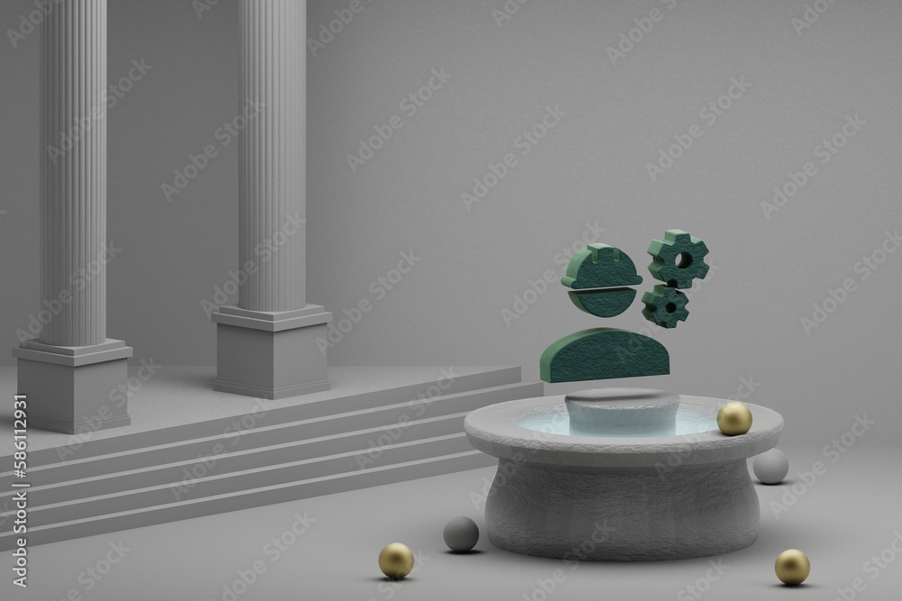 Poster Beautiful abstract illustrations Green Engineering symbol icon on a fountain and column background. 3d rendering illustration.