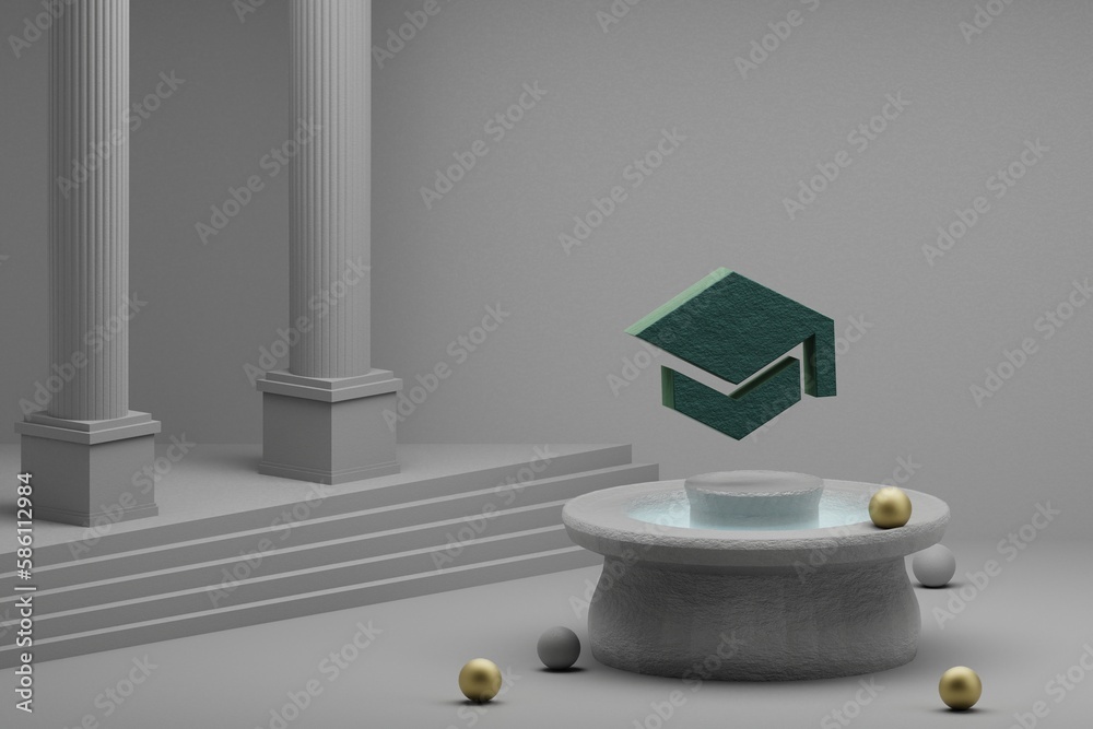 Aufkleber beautiful abstract illustrations green school symbol icon on a fountain and column background. 3d re