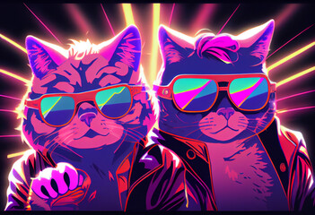 Two stylish cartoon cats in sunglasses posing in the studio. AI Generated