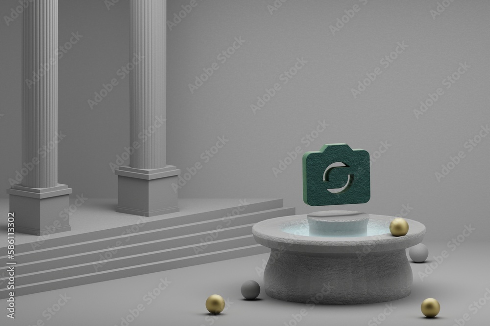 Poster beautiful abstract illustrations green camera symbol icon on a fountain and column background. 3d re