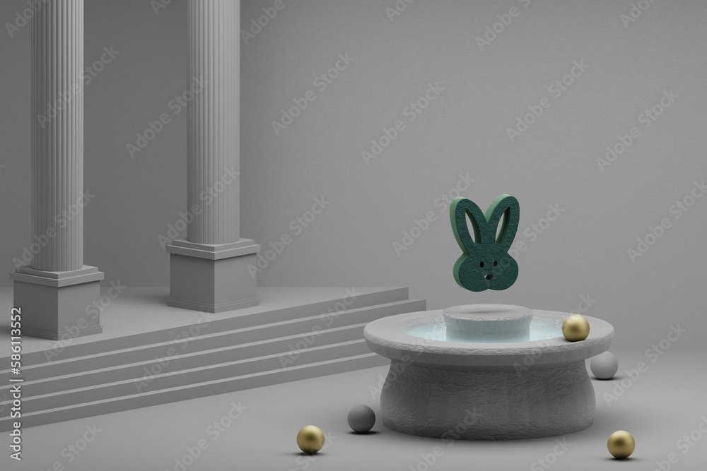 Poster Beautiful abstract illustrations Green Rabbit symbol icon on a fountain and column background. 3d rendering illustration.