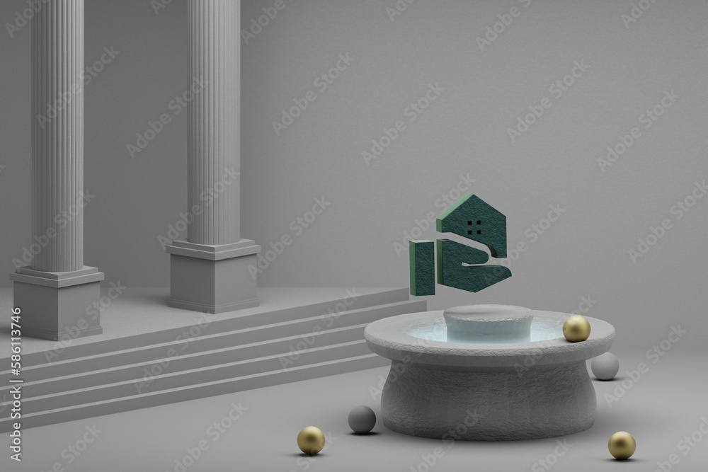 Poster beautiful abstract illustrations green real estate agent symbol icon on a fountain and column backgr