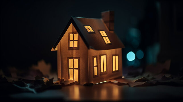 Papercraft Houses with Interior Lights on Representing Dream of Home Ownership - Delicate Paper Homes with Moody Backdrop - Generative AI