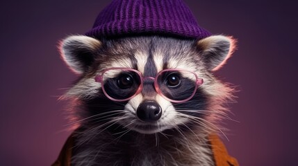 Cute raccoon with glasses and a hat. Cheerful raccoon in glasses and cap, solid purple background. Studio lighting. Generative ai