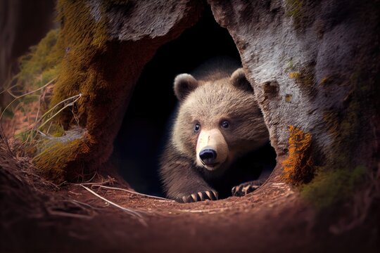 close-up of bear den, with camera focus on the entrance, created with generative ai