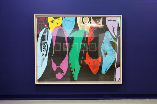 Nice, France - 21.11.2022: "Diamond Dust Shoes" artwork by artist Andy Warhol, acrylic and serigraphy with dust of diamonds on painting, 1980. Exposed at the Museum of Modern Art (MAMAC) in Nice.