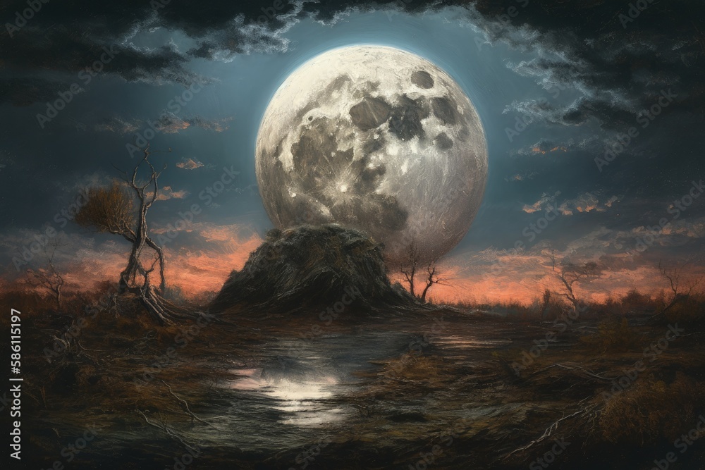 Canvas Prints serene night scene with a full moon illuminating a calm body of water created with Generative AI technology