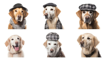 Portriat of golden retriever dog disguised in human clothing on a white background. Generative AI