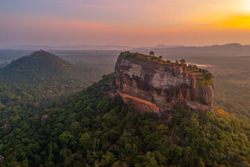 Sunrise aerial view of Sigiriya rock fortress in Sri Lanka