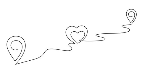 Pointing location with hearts at map one line art,hand drawn way destination continuous contour with romantic symbol for February 14,direction gps navigation concept.Editable stroke.Isolated.Vector