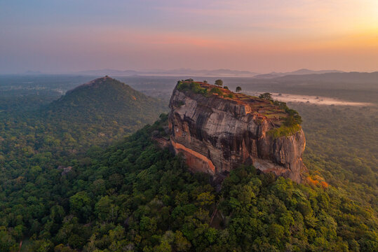 Sunrise aerial view of Sigiriya rock fortress in Sri Lanka