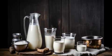 frische Milch in verschiedenen Gefäßen, generative AI - obrazy, fototapety, plakaty