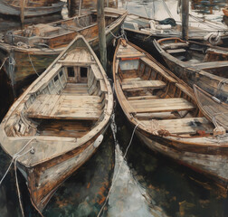 Old wooden boats moored to shore. AI generation..