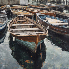 Old wooden boats moored to shore. AI generation..