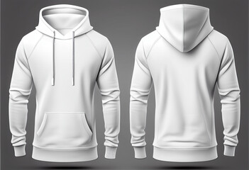Set of stylish hoodie sweater on white background, front and back view. Space for design. Muff or kangaroo pocket. Generative Ai. Template mockup for your design.