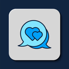 Filled outline Heart in speech bubble icon isolated on blue background. Happy Valentines day. Vector