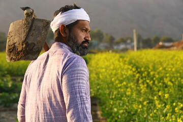 Aggressive rural Indian farmer standing in a Mustard field with a shovel on his shoulder while looking into the camera.