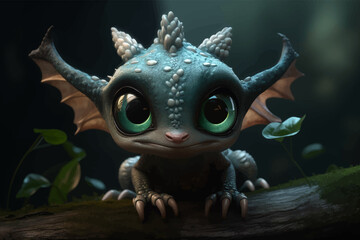 Super Cute Funny Small baby dragon with big green eyes. Plaintive look. Fantasy monster. 3D vector illustration. Image. Digital painting.