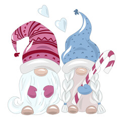Cute happy couple two Gnomes holding hand in love, sweet Valentine Gnome, cartoon flat vector