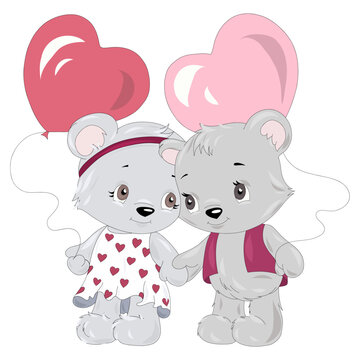 Cute cartoon teddy bears with heart balloons on a white background