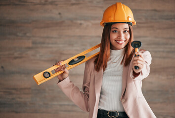 Architect, business woman and portrait of a property management worker with construction tools....