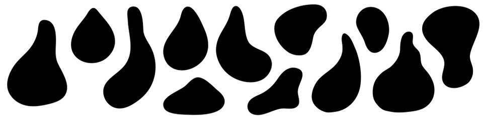 Liquid amorphous organic irregural shape. Asymmetric black fluid blob silhouette. Simple ink  smooth stain, abstract uneven forms. Isolated on white background. Vector illustration