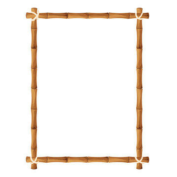 Bamboo border frame with rope in cartoon style, decoration isolated on white background stock vector illustration. Hawaiian, tribal blank from sticks.