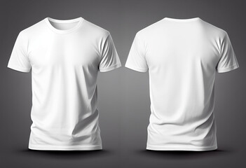 T-shirt mockup. White blank t-shirt front and back views. Female and male clothes wearing clear attractive apparel tshirt models template. Generative Ai.