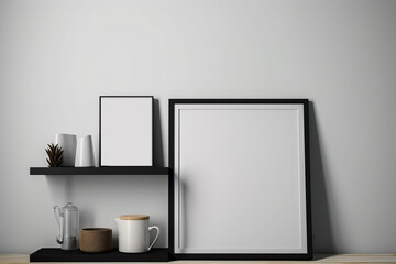 Black wooden frame mockup in white minimalist Rustic interior with kettle and decor items in the kitchen.Empty white wall background.