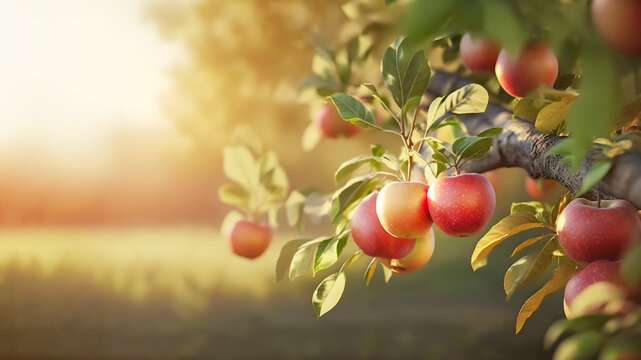Fruit farm with apple trees. Branch with natural apples on blurred background of apple orchard in golden hour. Concept organic, local, season fruits and harvesting. Generative ai