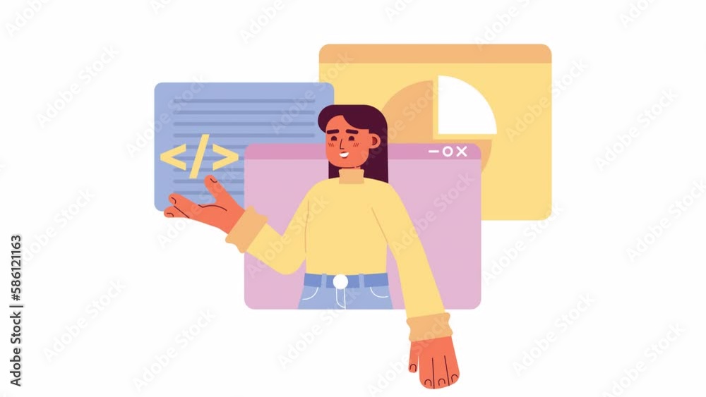 Poster animated web development courses. online programmer 2d cartoon flat character 4k video footage on wh