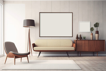 Mid century modern interior frame mockup in empty room with white wall, dresser, console, lounge chair, armchair, floor lamp, plant
