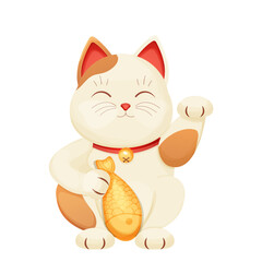 Maneki neko cat tradition figure lucky symbol, pet with collar and bell, golden fish in cartoon style isolated on white background