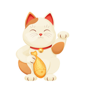 Maneki neko cat tradition figure lucky symbol, pet with collar and bell, golden fish in cartoon style isolated on white background