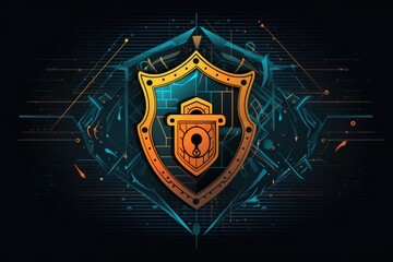 Fototapeta premium Cyber Security Concept Art: Shield Key Lock Emerging from Laptop Screen Against Dark Blue Background