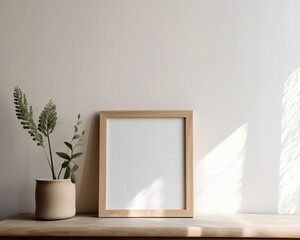 Fototapeta na wymiar wooden frame mockup in warm neutral minimalist Rustic interior with plants on empty white wall background.