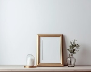 Golden vintage frame mockup in interior with plant, on empty neutral white wall background